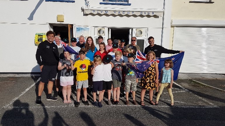 Plym Cadets with Blair Tuke and Andy Maloney on and after the cadets sailing session prior to SailGP main Event