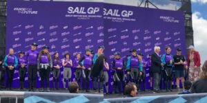 Plym Yacht Club Cadet RS Feva Inspire Teams on the SailGP stage receiving prizes